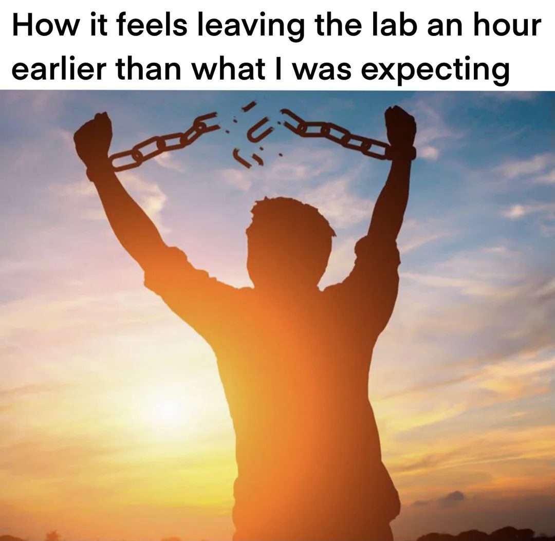 Man breaking chains meme leaving lab earlier than expected