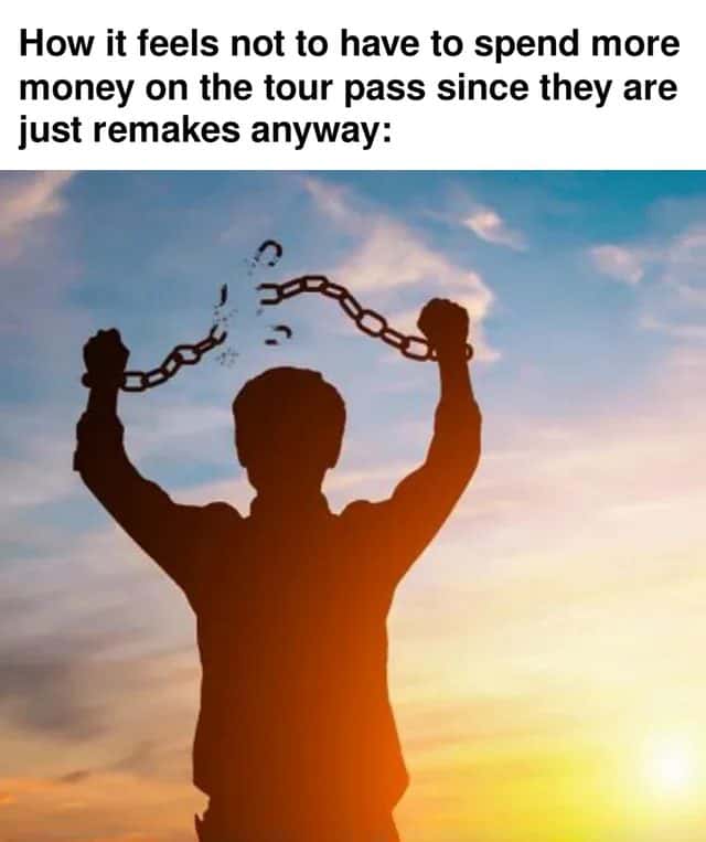 Man Breaking Chains meme free from paying for remake tour pass