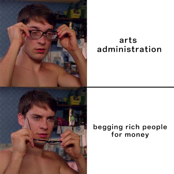 Spider-man glasses meme exposes arts admin begging for money