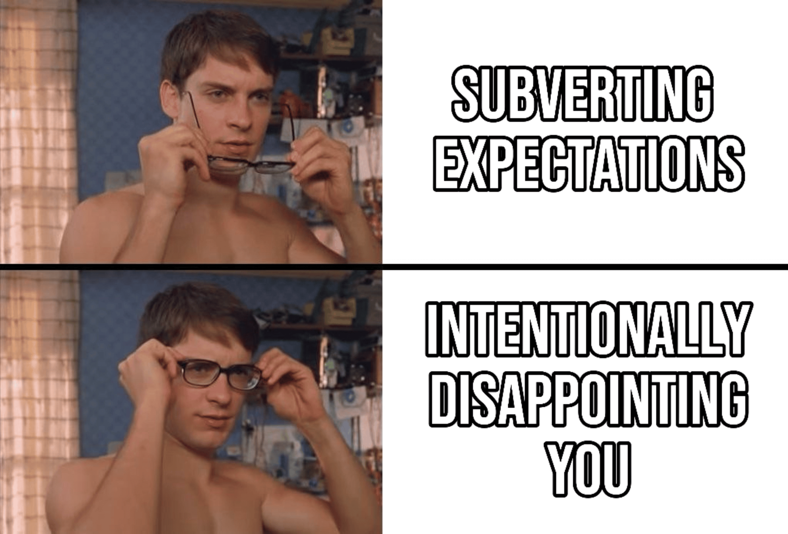 Spider-man glasses meme subverts expectations to intentionally disappoint you