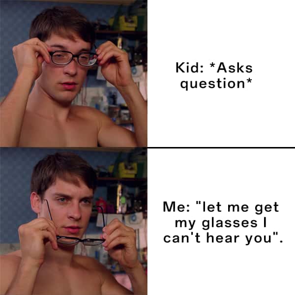 Spider-man glasses meme pretending not to hear kid's question