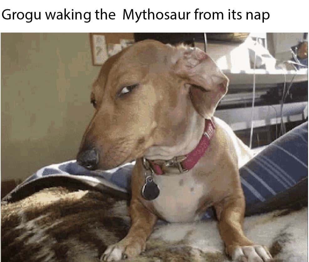 Suspicious Dog meme waking mythosaur from nap