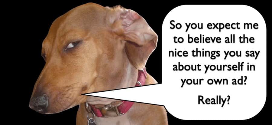 Suspicious Dog meme doubting self praise in ad