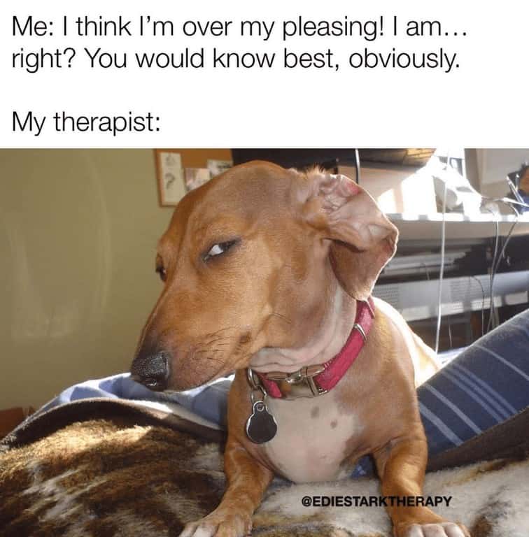Suspicious Dog meme therapist side eye over people pleasing