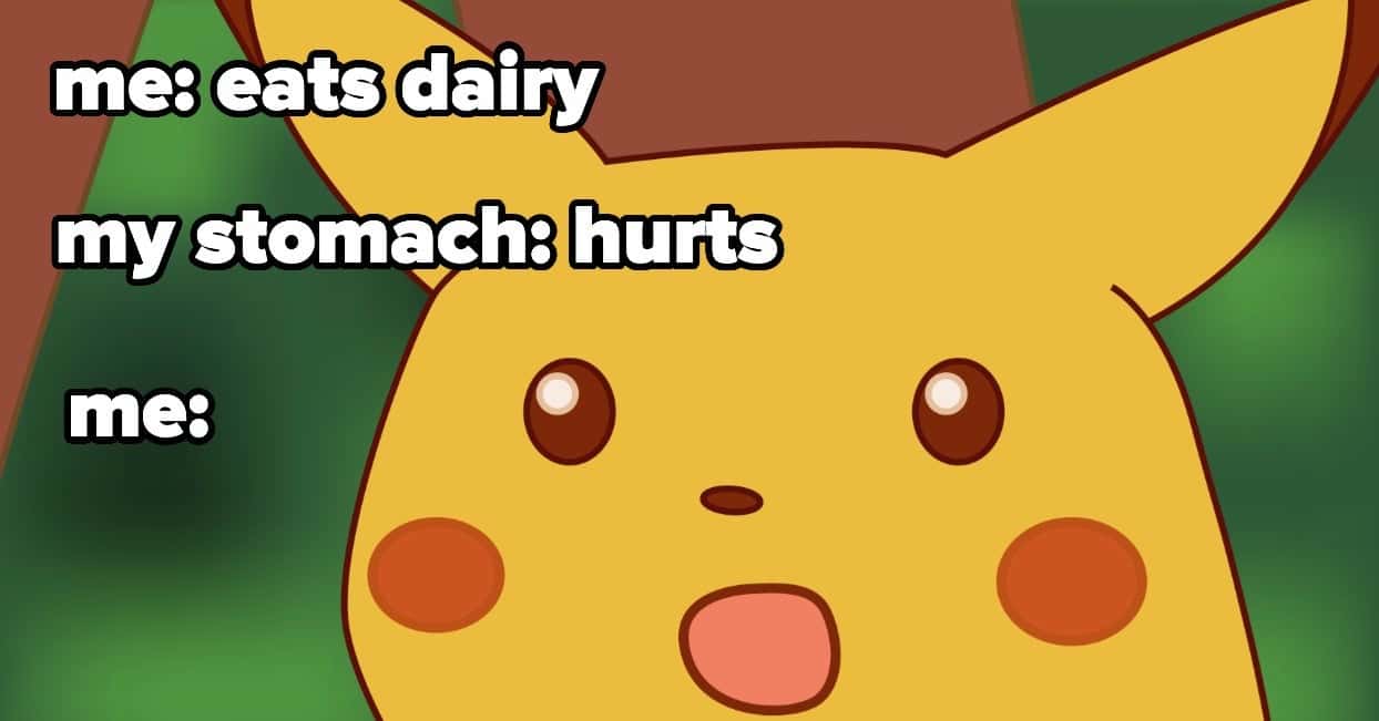 Surprised pikachu meme shocked by dairy stomach pain