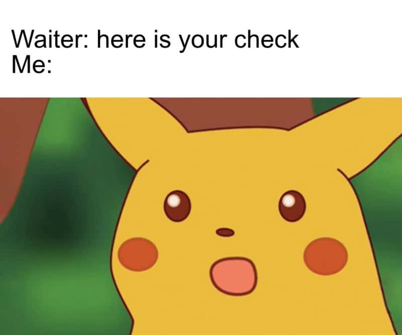 Surprised Pikachu meme shocked when waiter brings check