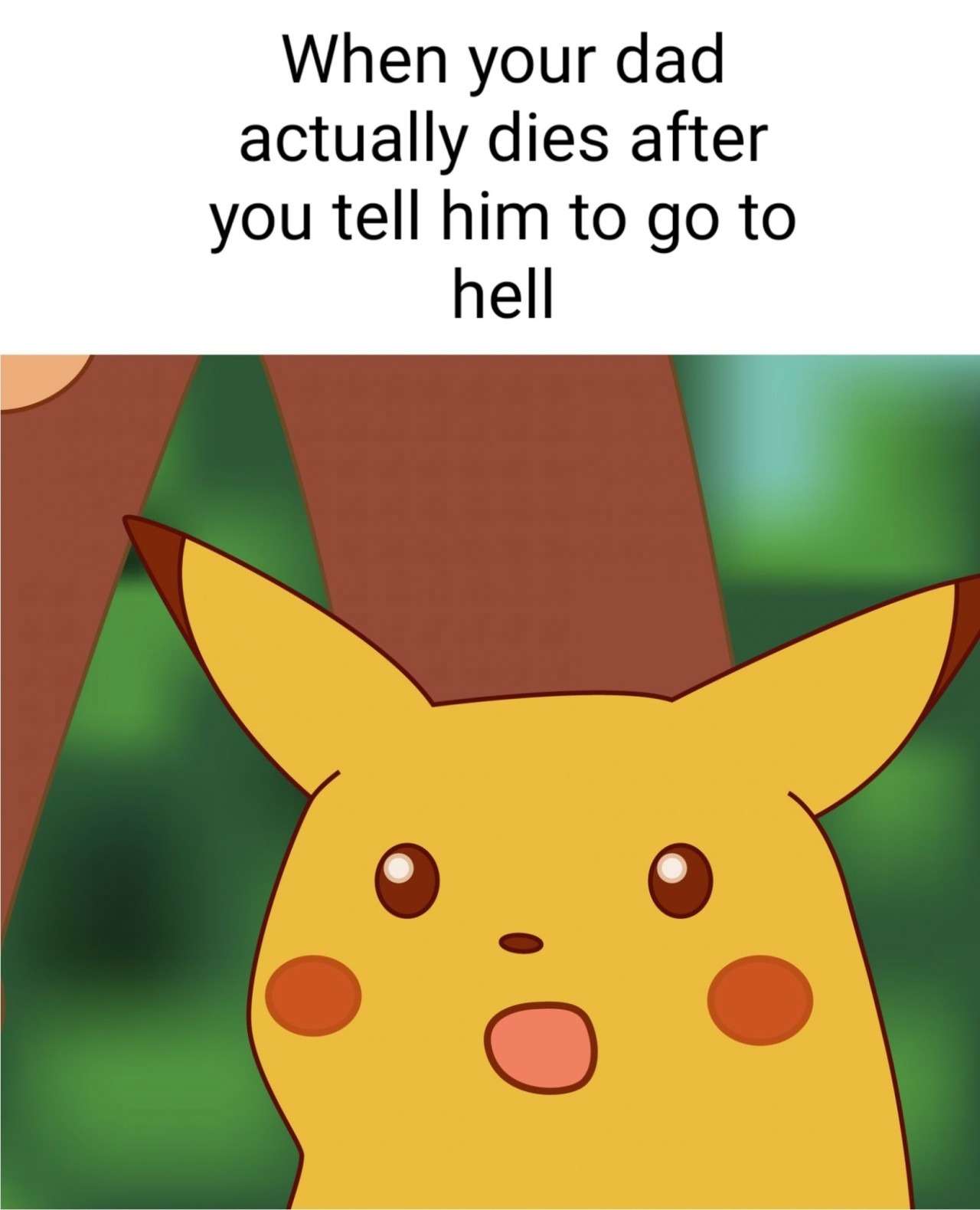 Surprised pikachu meme shocked when dad dies after you tell him to go to hell