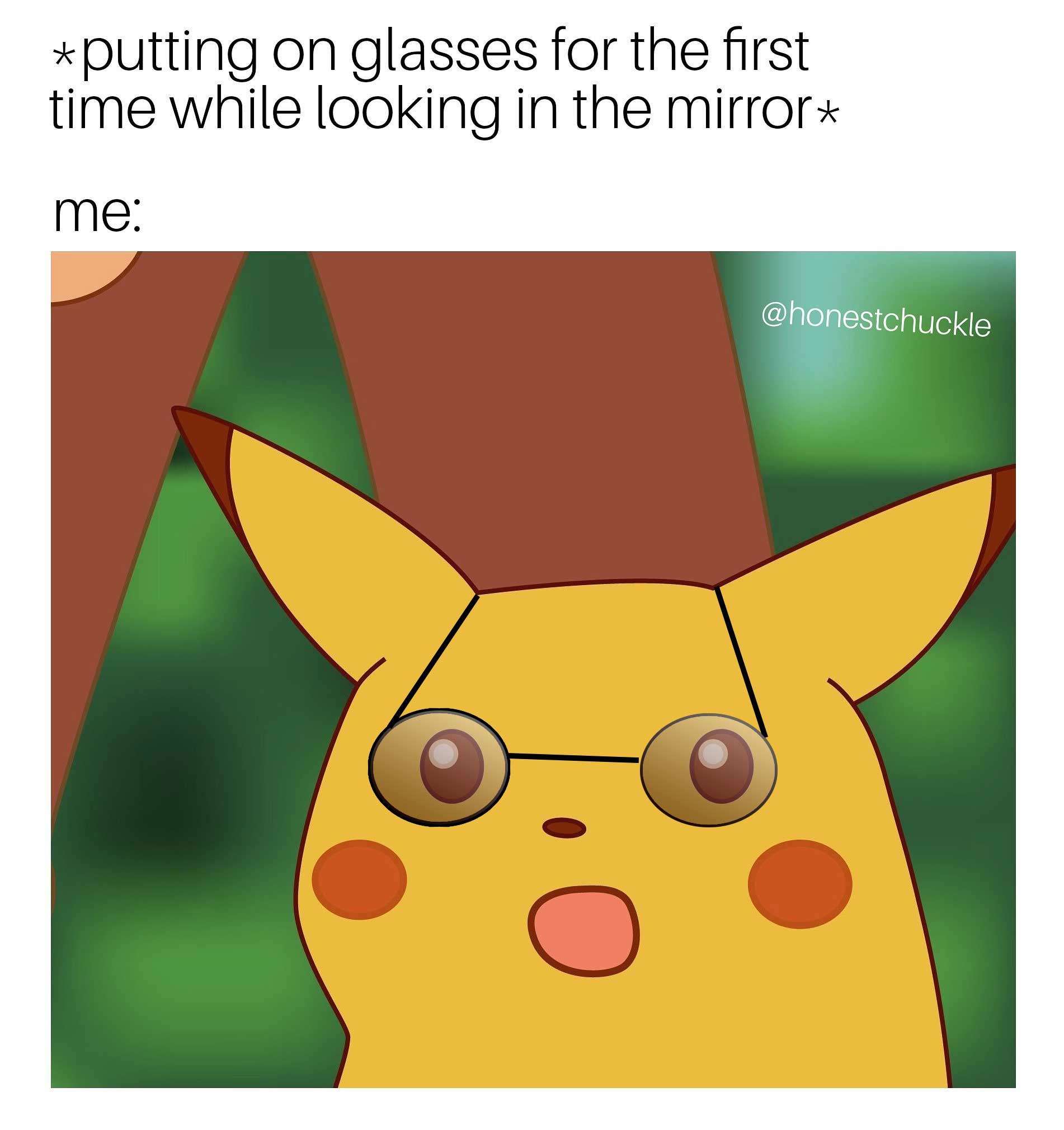 Surprised Pikachu meme shocked wearing glasses first time