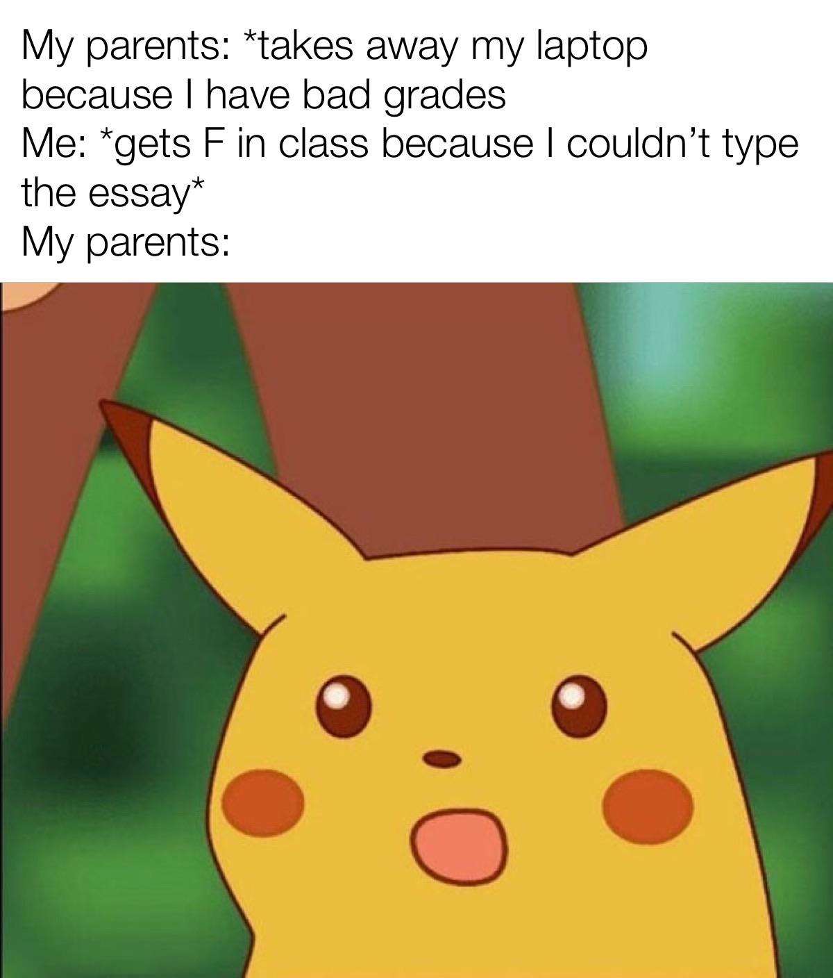 Surprised pikachu meme shocked after taking laptop leads to f grade