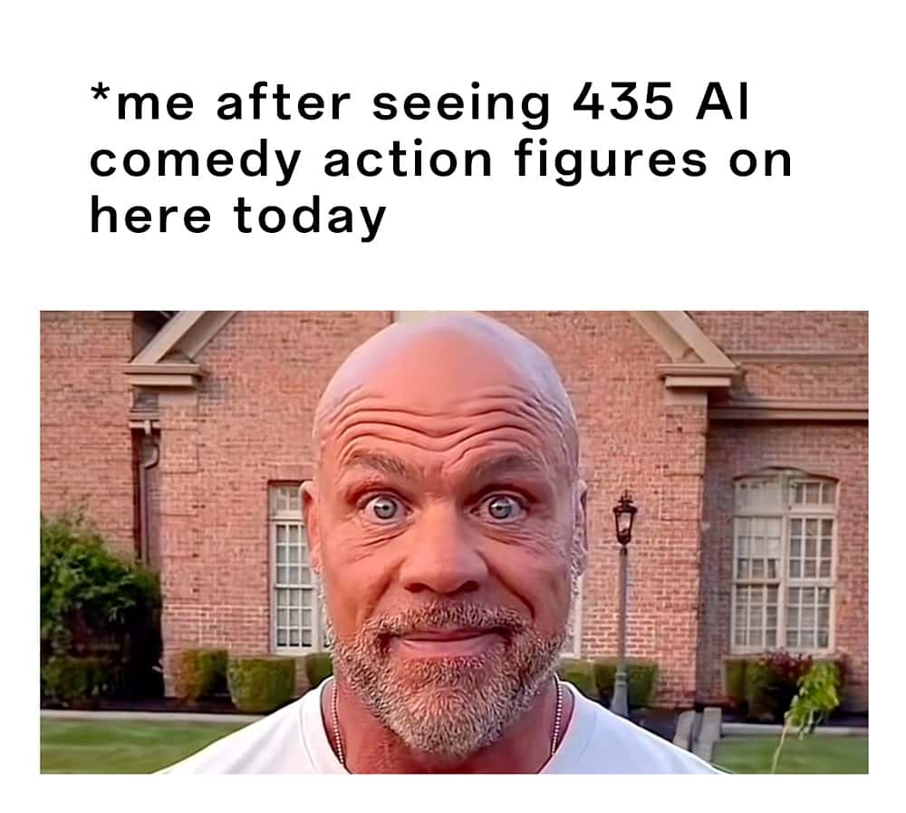 Bald guy staring meme shocked by too many ai action figures