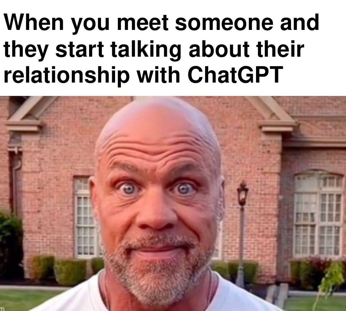 Bald guy staring meme shocked at others talking about ChatGPT relationship