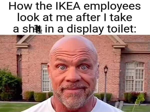Bald guy staring meme judged by ikea staff after toilet prank