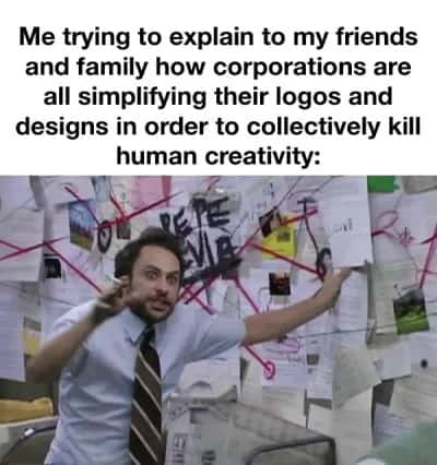 Pepe silvia meme explaining corporate logo conspiracy to friends