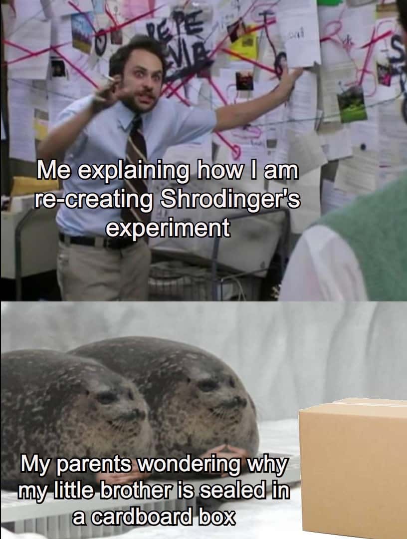 Pepe silvia meme explaining schrodinger's experiment to confused parents
