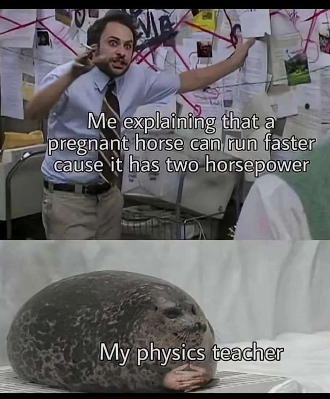 Pepe silvia meme explaining horsepower pun to physics teacher