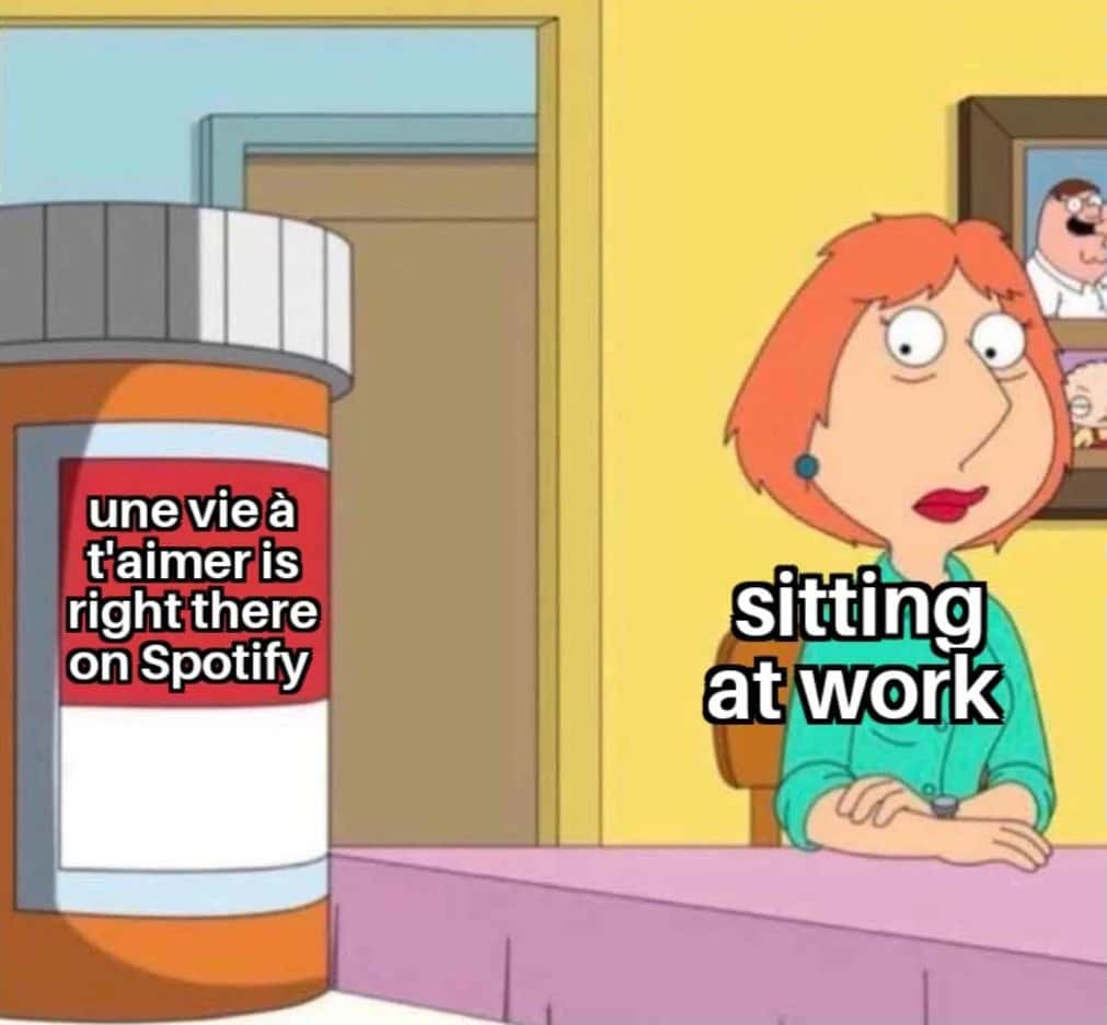 Lois griffin pills meme sitting at work with Spotify