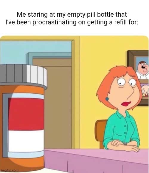 Lois griffin pills meme staring at empty bottle in regret