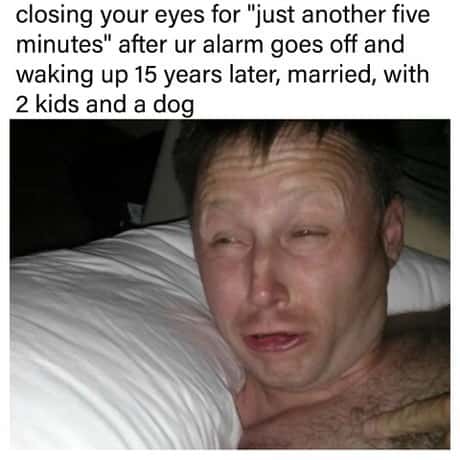 Limmy waking up meme oversleeps 15 years later with family