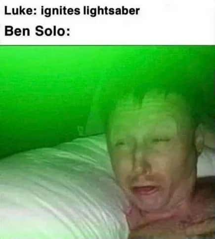 Limmy waking up meme woken by green lightsaber glow