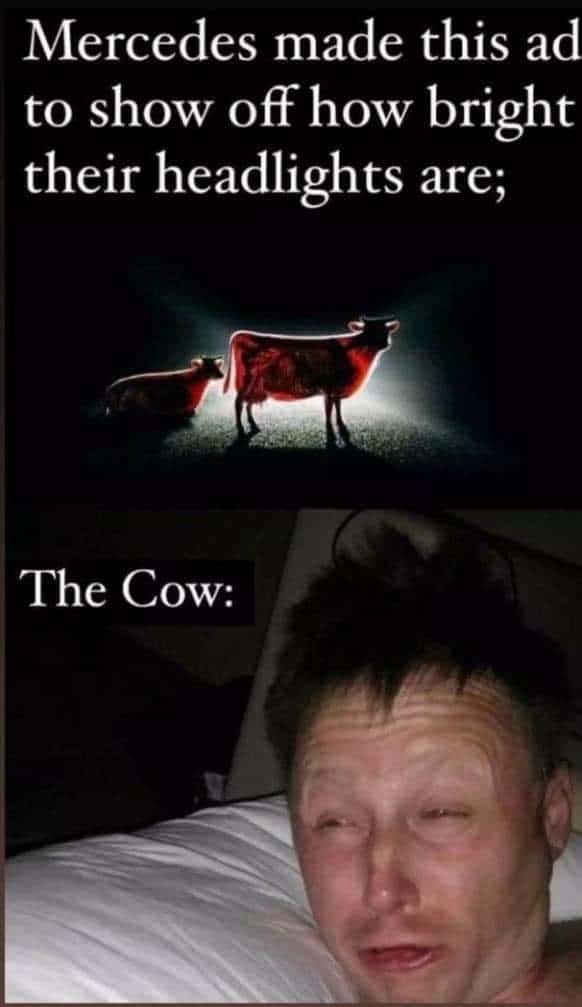 Limmy waking up meme blinded by bright mercedes headlights