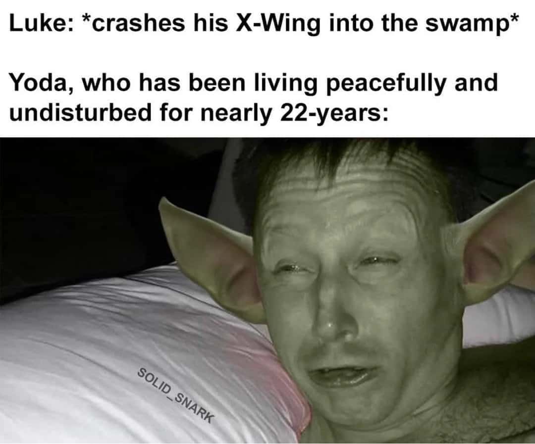 Limmy waking up meme annoyed when Luke crashes X-wing into swamp