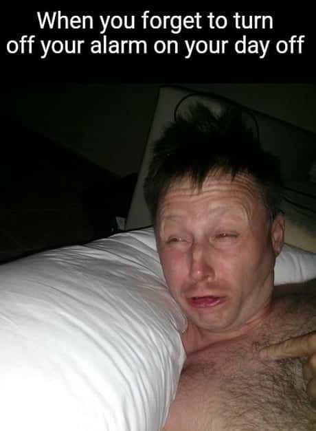 Limmy waking up meme woken by day off alarm