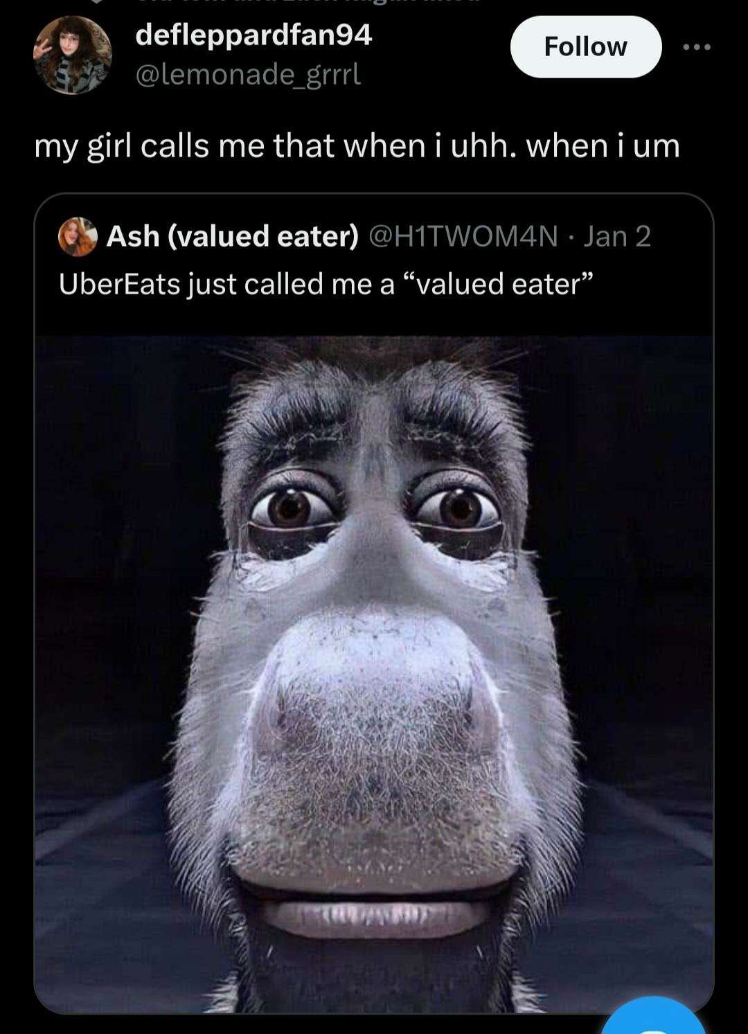 Donkey staring meme shocked at valued eater