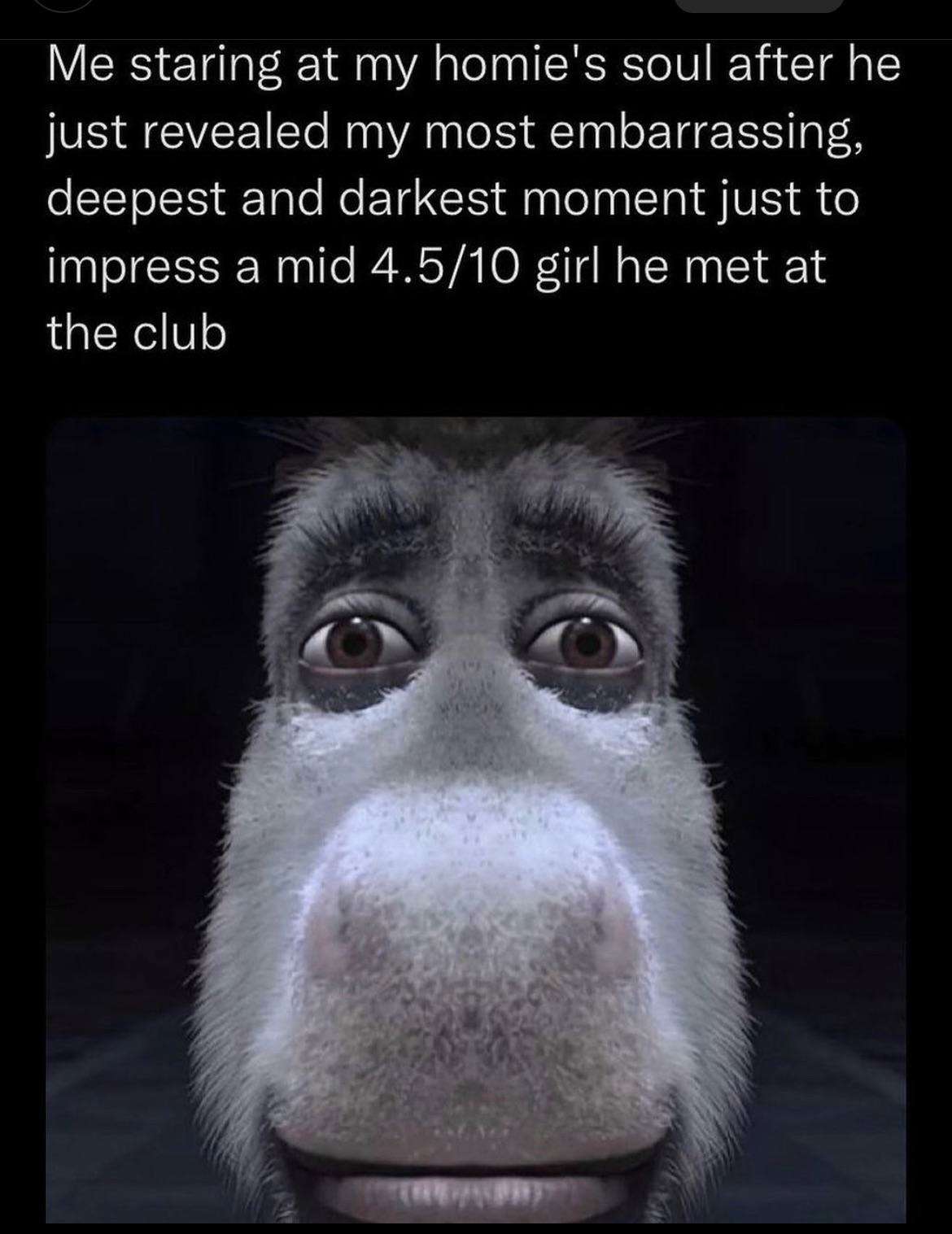 Donkey staring meme staring at homie who leaked secret to impress club girl