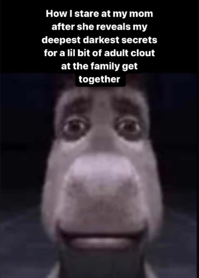 Donkey staring meme staring at mom after she reveals secrets