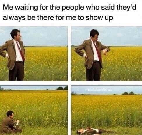 Mr.Bean waiting meme in empty field