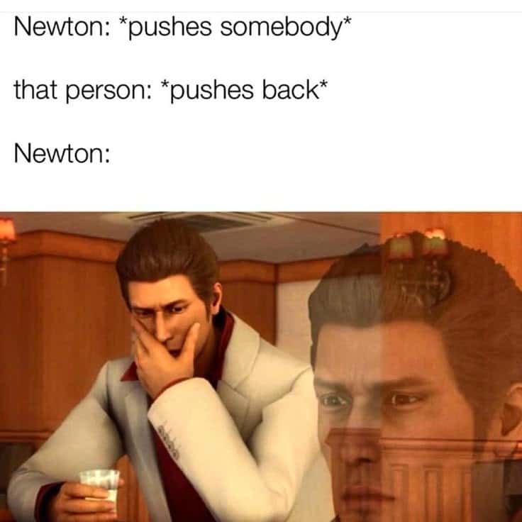 Newton Meme: newton pushes somebody that person pushes back newton