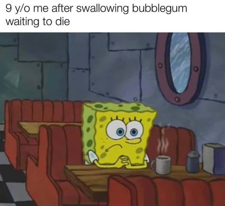 Spongebob waiting meme after swallowing bubblegum waiting to die