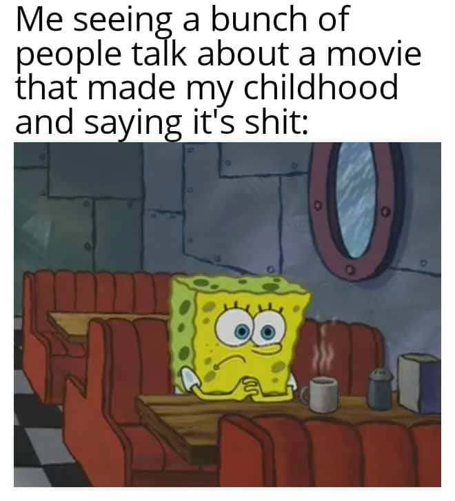 Spongebob waiting meme upset when people trash his childhood movie
