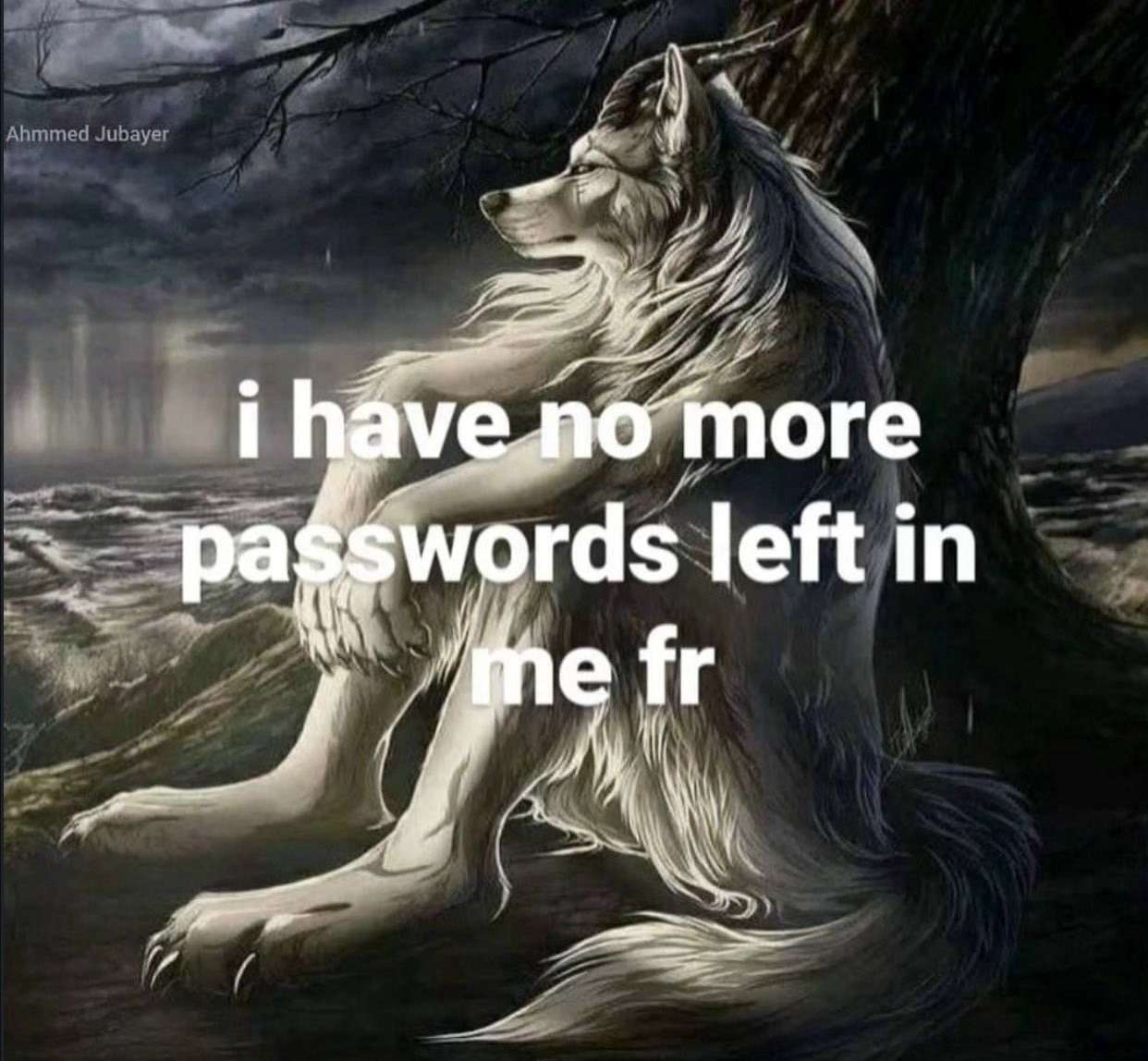 Weary anthropomorphic lone wolf meme drained of every last password