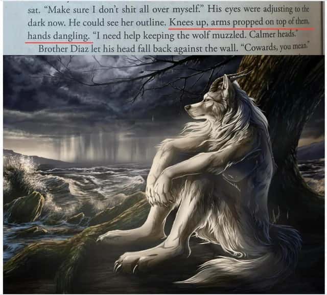 Sitting Wolf meme muzzled calmly by stormy shore