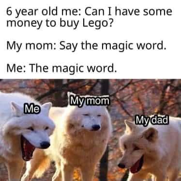 Laughing wolves meme kid says the magic word for lego