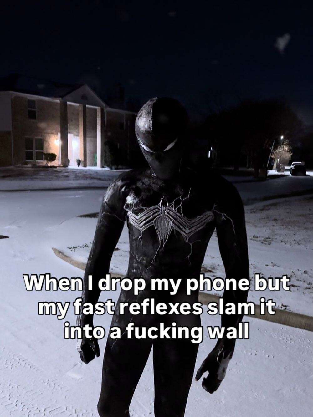Spider-Man Meme: Fast Reflexes Phone Wall Crash at Night
