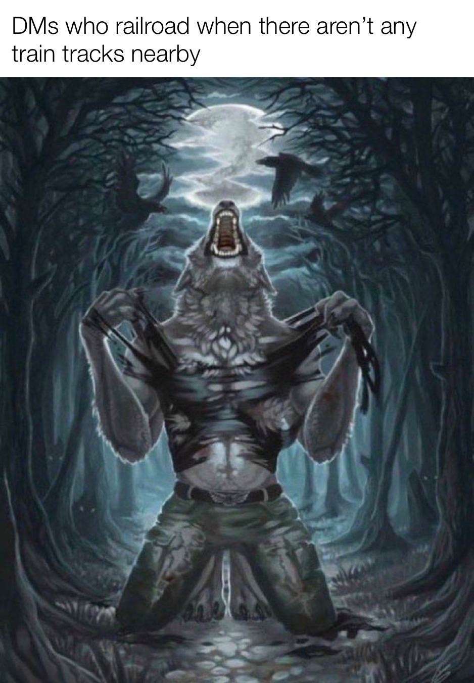 Wolf ripping shirt meme dms railroad no nearby train tracks