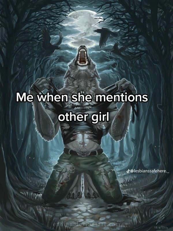 Wolf ripping shirt meme jealous when she mentions other girl