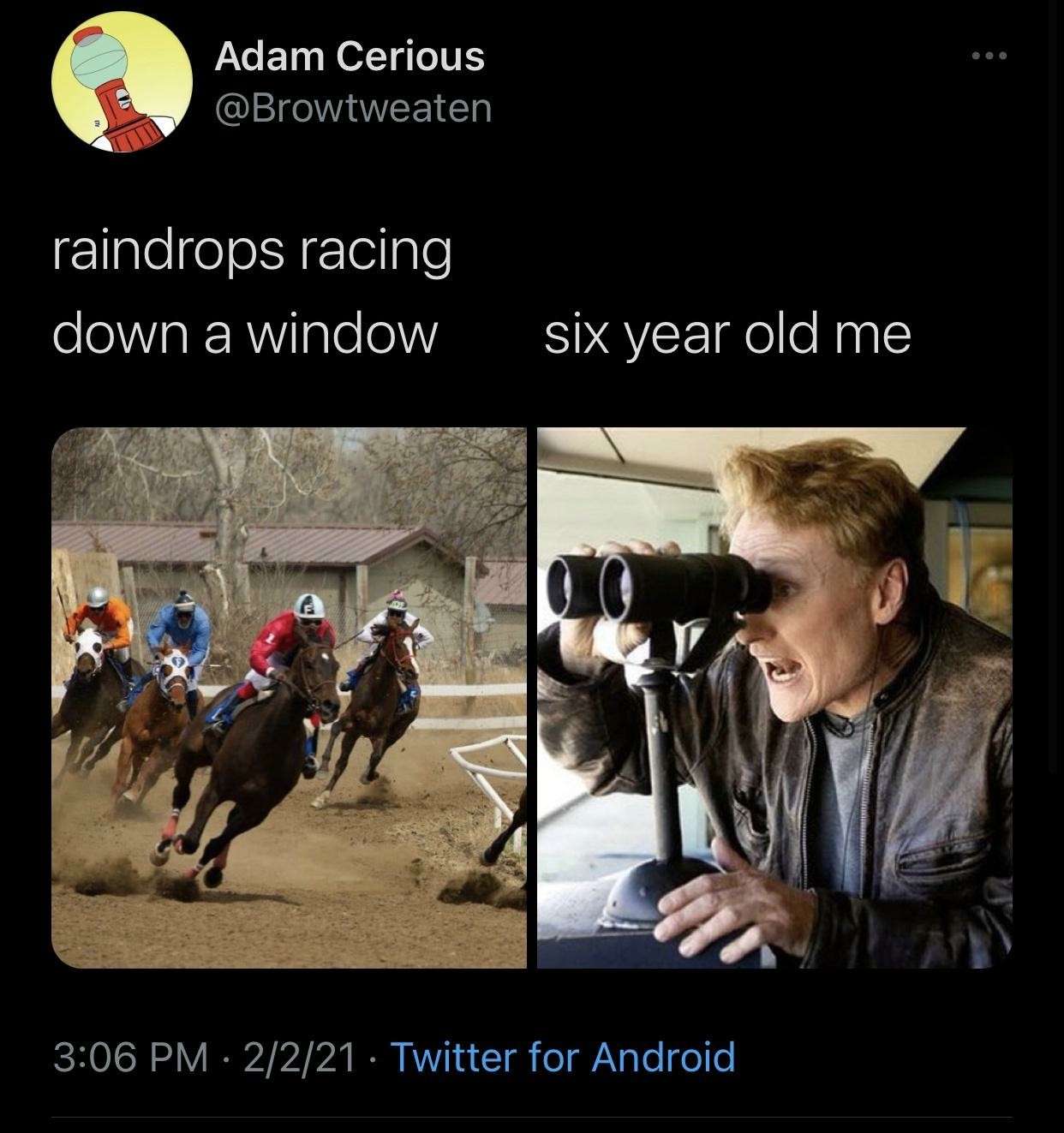 Raindrops Racing Meme: Raindrops racing down a window