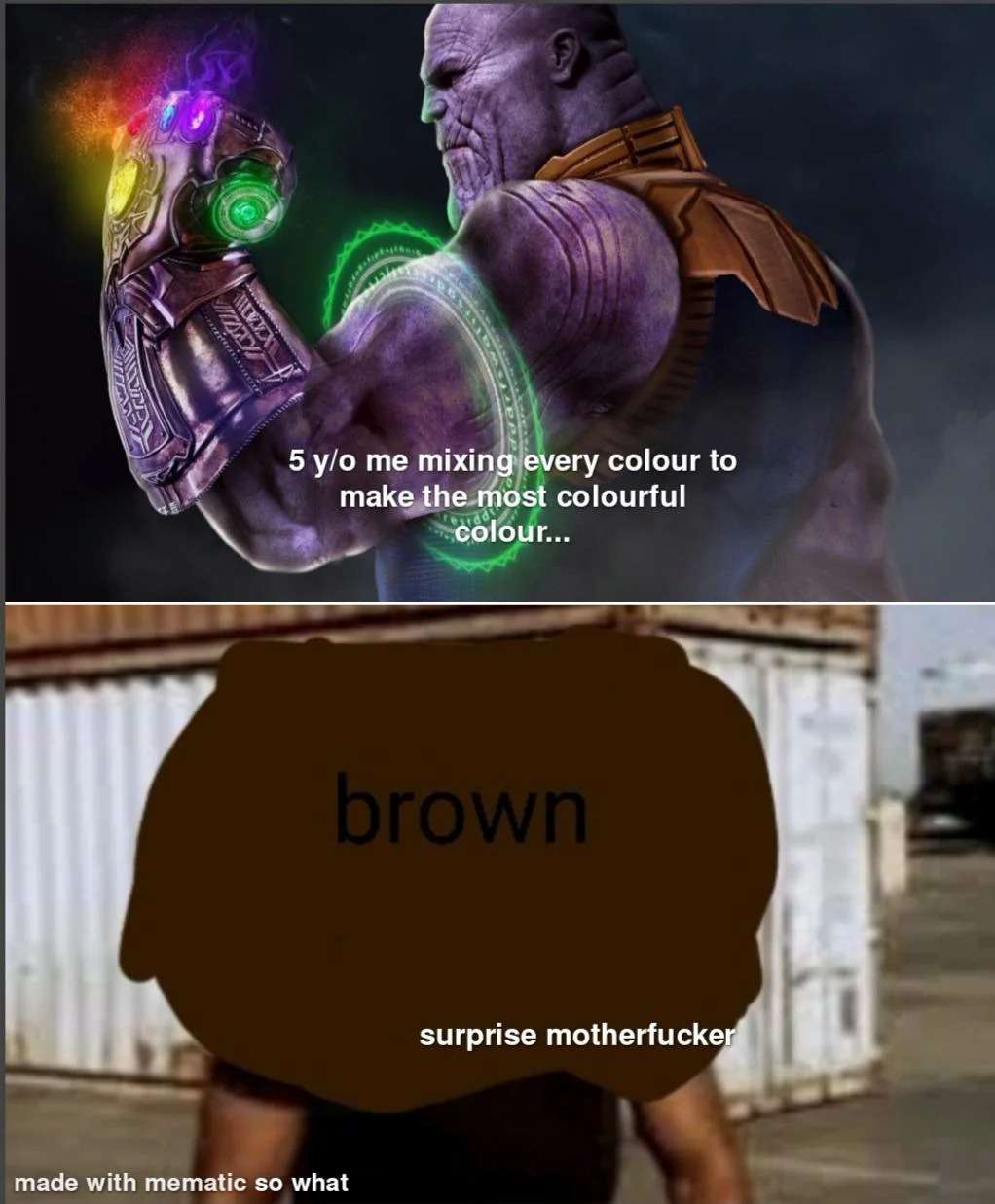 Thanos meme mixing all colors as a kid ending with brown