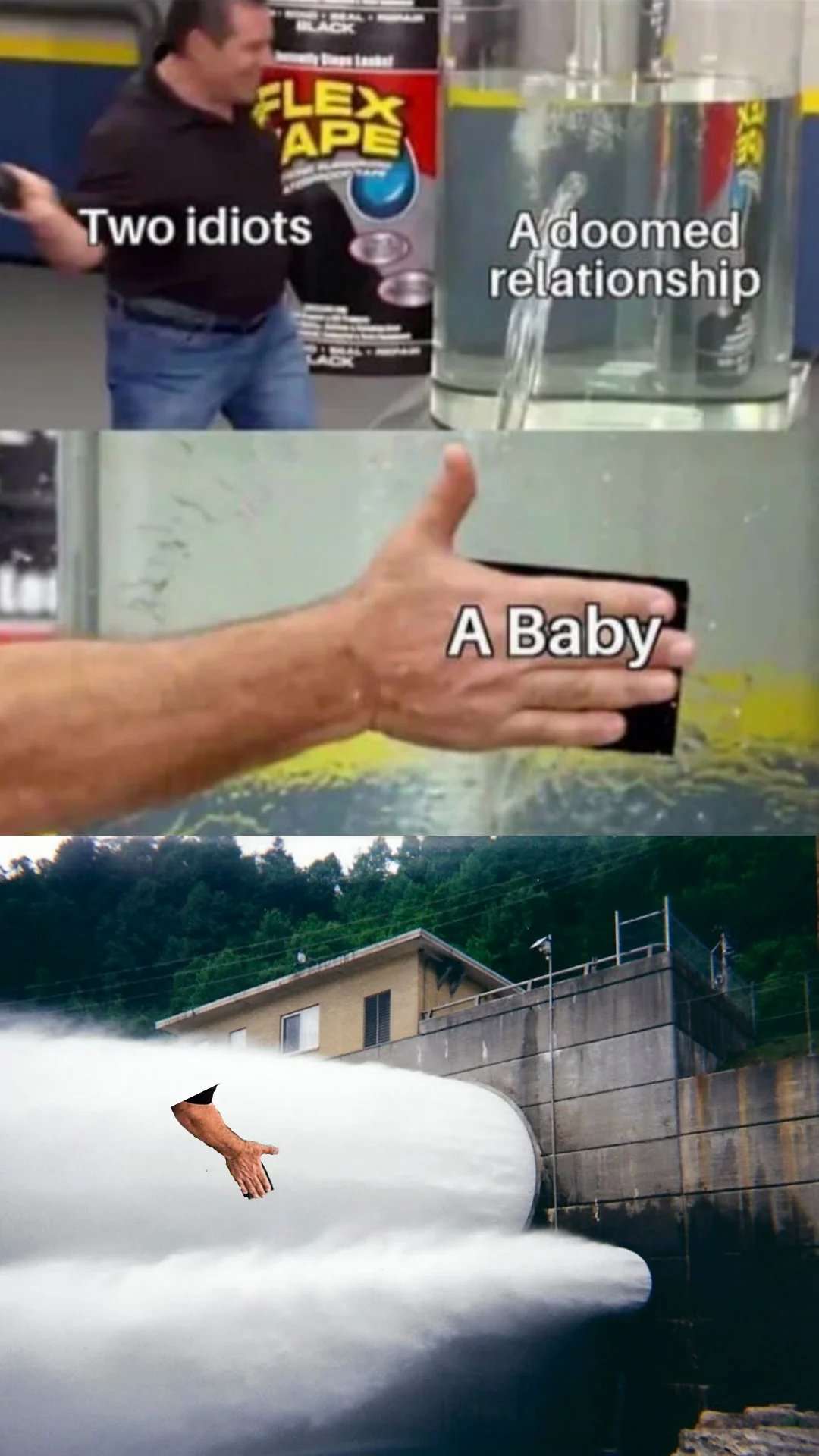 Flex tape meme using baby to fix doomed relationship between two idiots