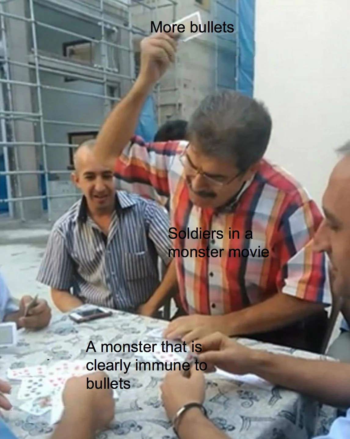 Card game man meme adding more bullets against an unkillable monster