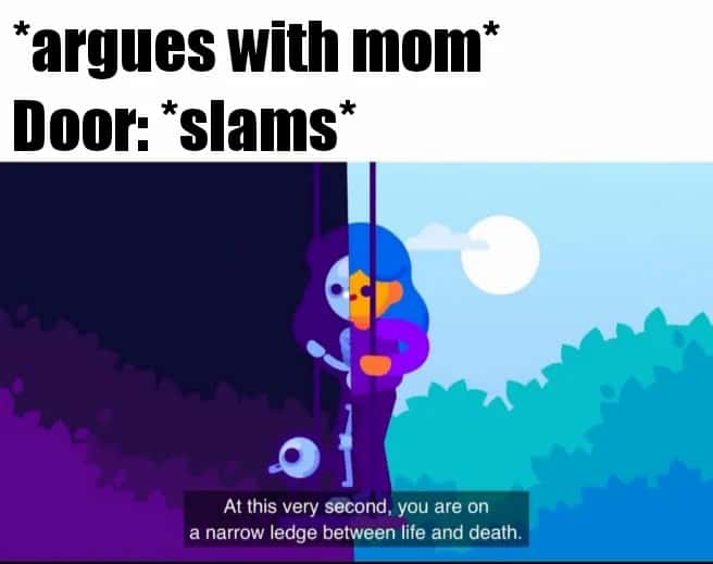 Funny "argues with mom door slams" meme about teen life and death