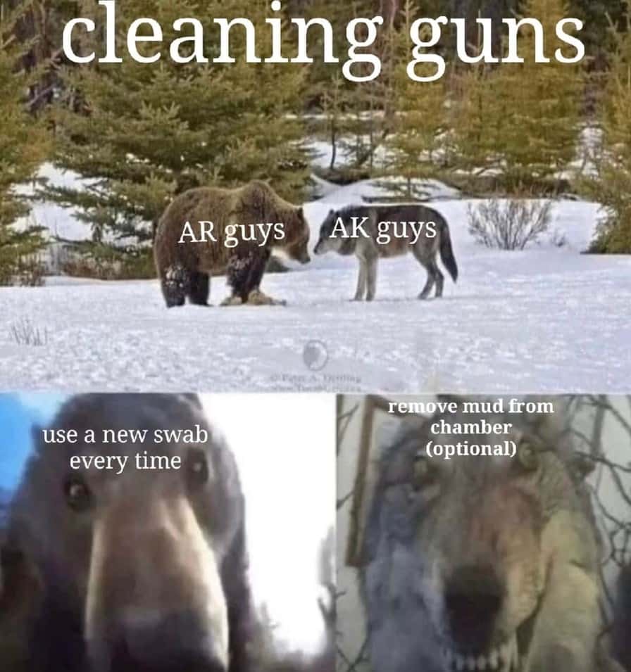 Staring Bear and Wolf meme cleaning guns differently Staring Bear and Wolf meme cleaning guns differently