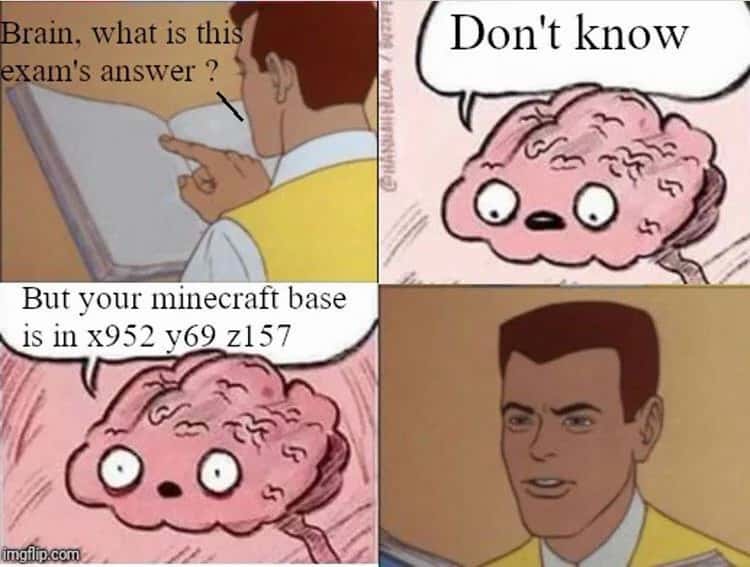 Relatable student meme: brain knows minecraft coordinates not exam answers