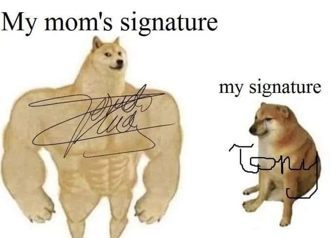 Buff Doge vs Cheems meme about different styles of signatures Buff Doge vs Cheems meme about different styles of signatures