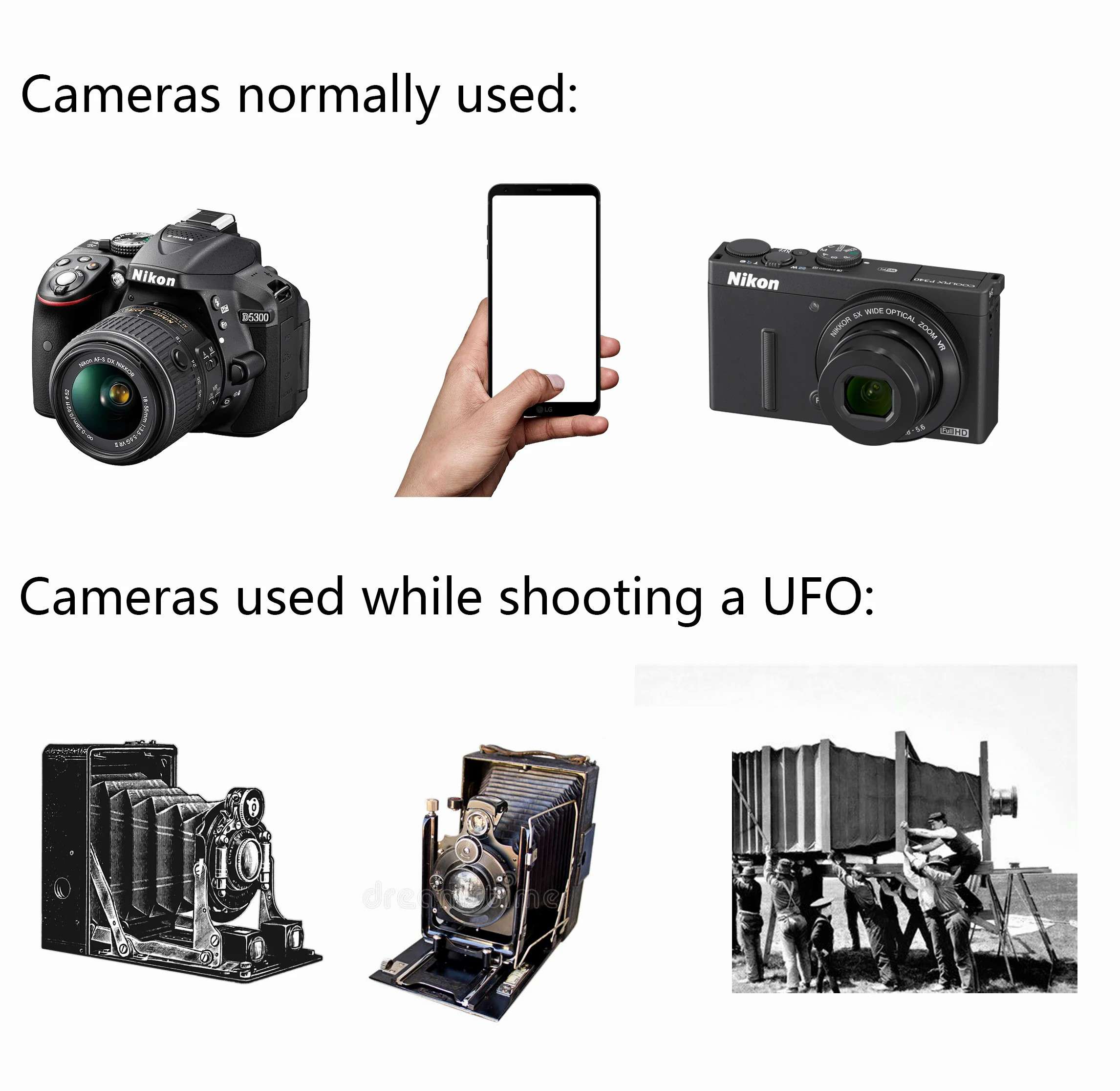 Photography meme: UFO shooting needs huge old cameras