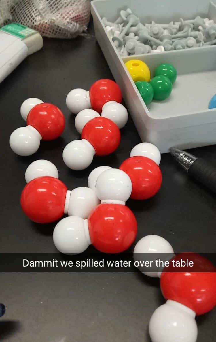 Chemistry Lab Meme: Spilled Water Molecule Model Joke