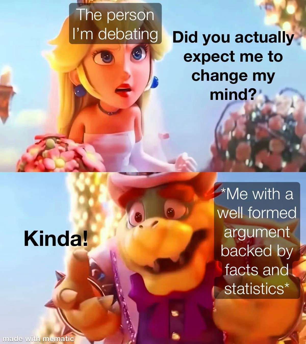 Peach and Bowser Mario movie meme about debating and changing minds